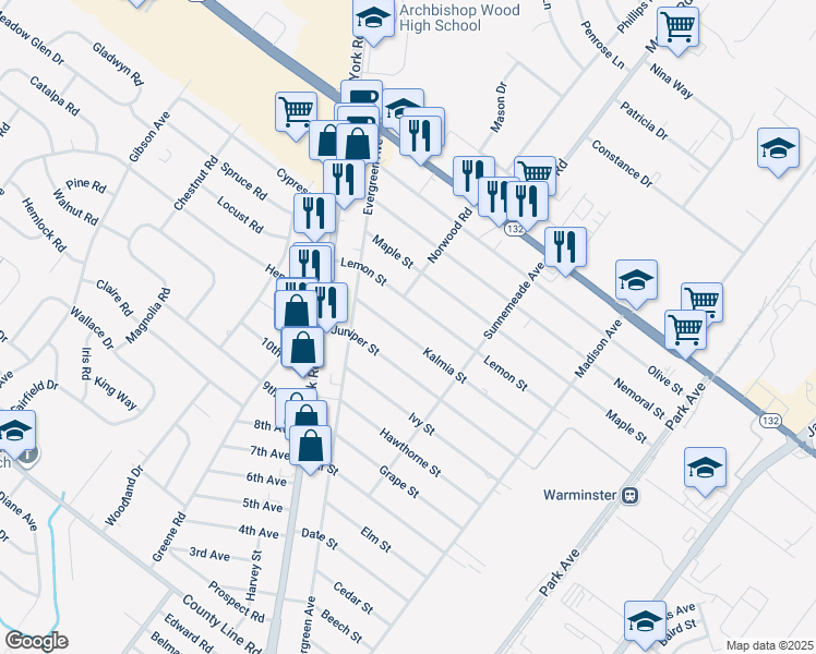 map of restaurants, bars, coffee shops, grocery stores, and more near 479 Kalmia Street in Warminster