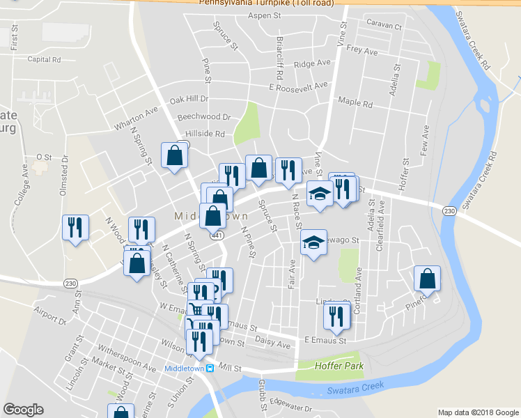 map of restaurants, bars, coffee shops, grocery stores, and more near 327 Spruce Street in Middletown
