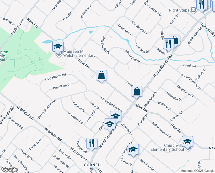 map of restaurants, bars, coffee shops, grocery stores, and more near 550 New Road in Churchville