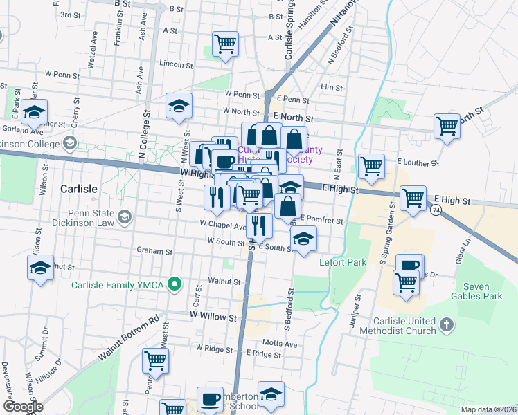 map of restaurants, bars, coffee shops, grocery stores, and more near 29 East Pomfret Street in Carlisle