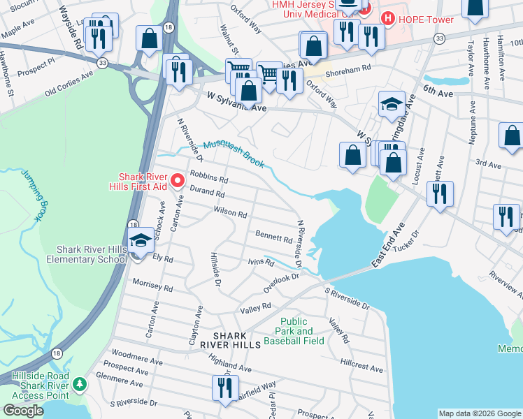 map of restaurants, bars, coffee shops, grocery stores, and more near 107 Pittenger Place in Neptune City