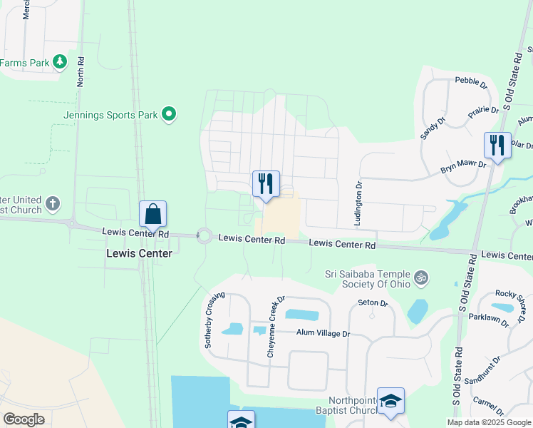 map of restaurants, bars, coffee shops, grocery stores, and more near 5915 Evans Farm Drive in Lewis Center