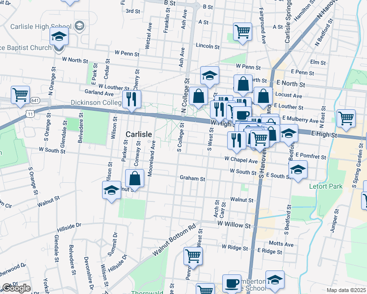 map of restaurants, bars, coffee shops, grocery stores, and more near 111 South College Street in Carlisle