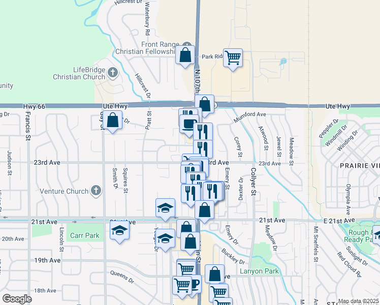 map of restaurants, bars, coffee shops, grocery stores, and more near 2315 Main Street in Longmont