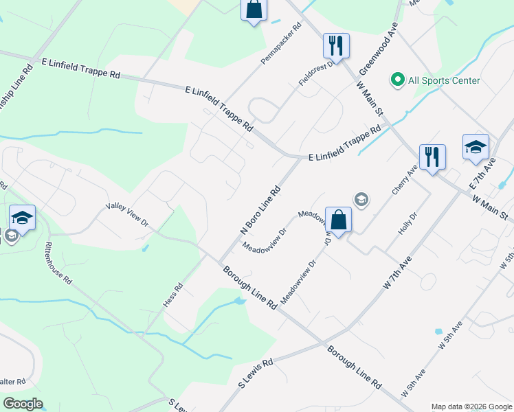 map of restaurants, bars, coffee shops, grocery stores, and more near 51 North Boro Line Road in Collegeville