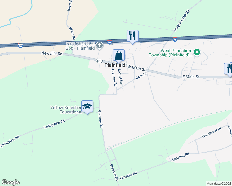 map of restaurants, bars, coffee shops, grocery stores, and more near 100 Greason Road in Carlisle