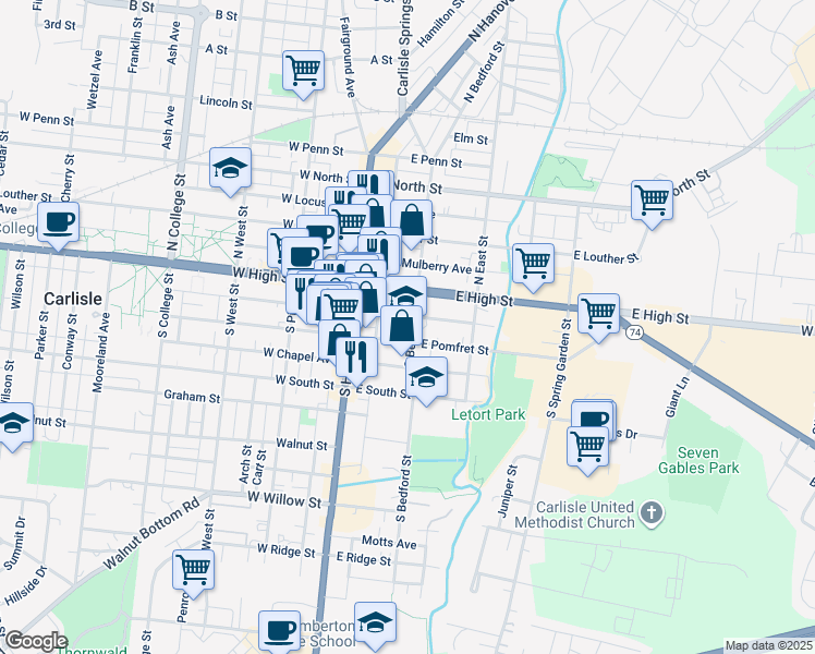 map of restaurants, bars, coffee shops, grocery stores, and more near 46 South Bedford Street in Carlisle