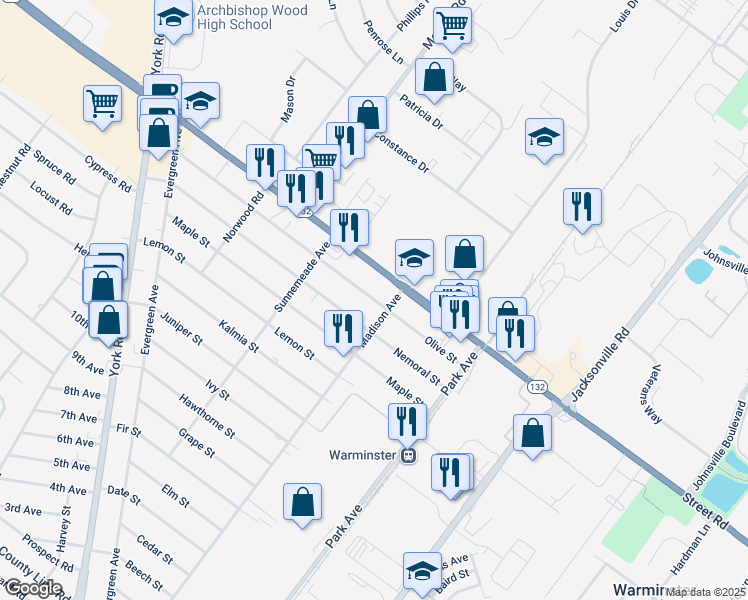 map of restaurants, bars, coffee shops, grocery stores, and more near 319 Olive Street in Warminster