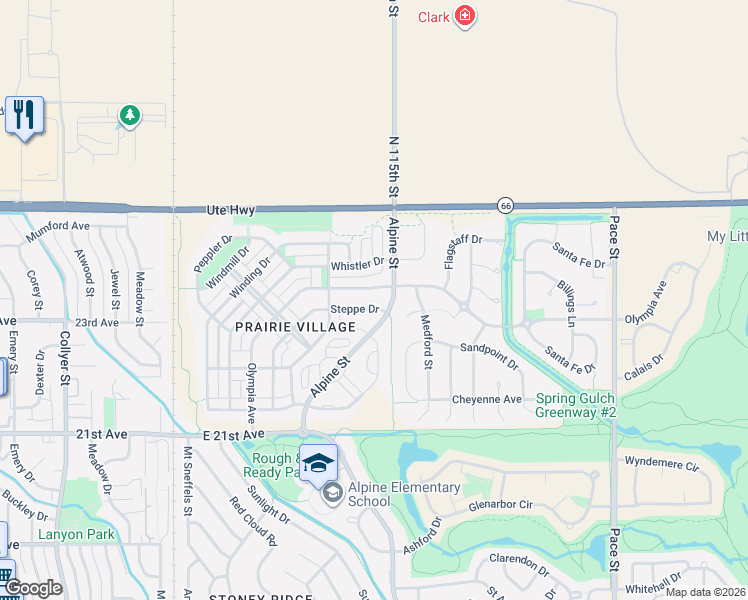 map of restaurants, bars, coffee shops, grocery stores, and more near 2432 Steppe Drive in Longmont