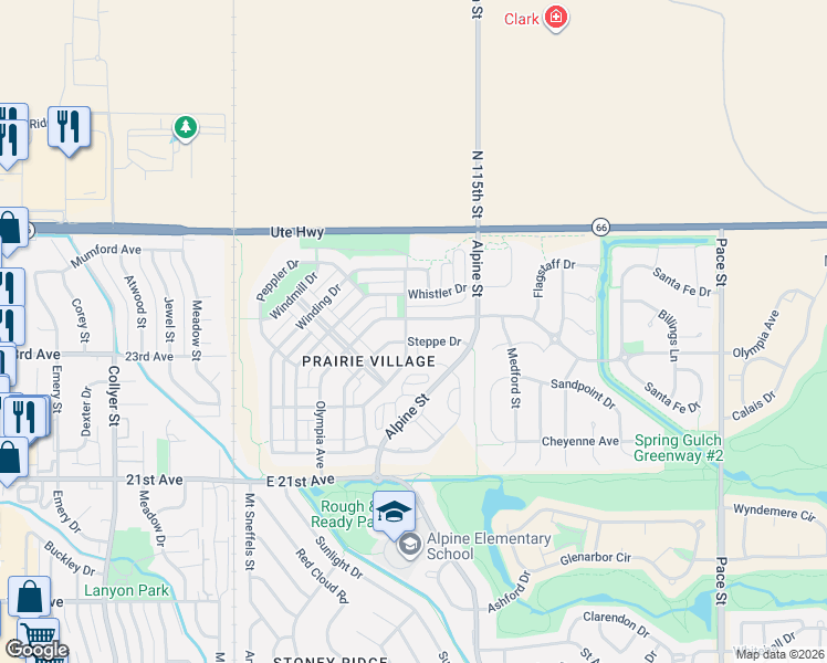 map of restaurants, bars, coffee shops, grocery stores, and more near 2412 Steppe Drive in Longmont