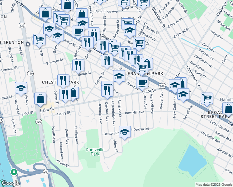 map of restaurants, bars, coffee shops, grocery stores, and more near 4 Stanton Street in Trenton