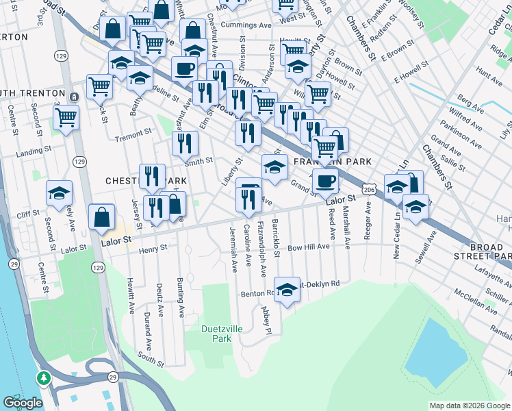 map of restaurants, bars, coffee shops, grocery stores, and more near 3 Dayton Street in Trenton