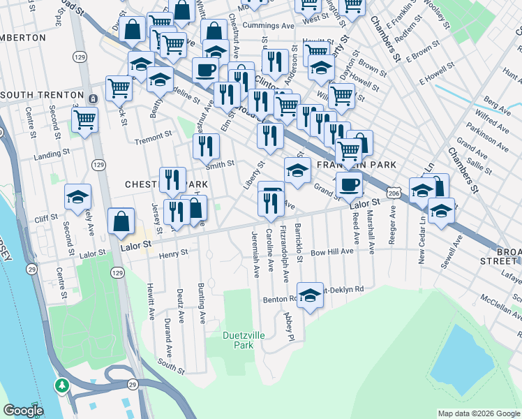 map of restaurants, bars, coffee shops, grocery stores, and more near 3 Dayton Street in Trenton