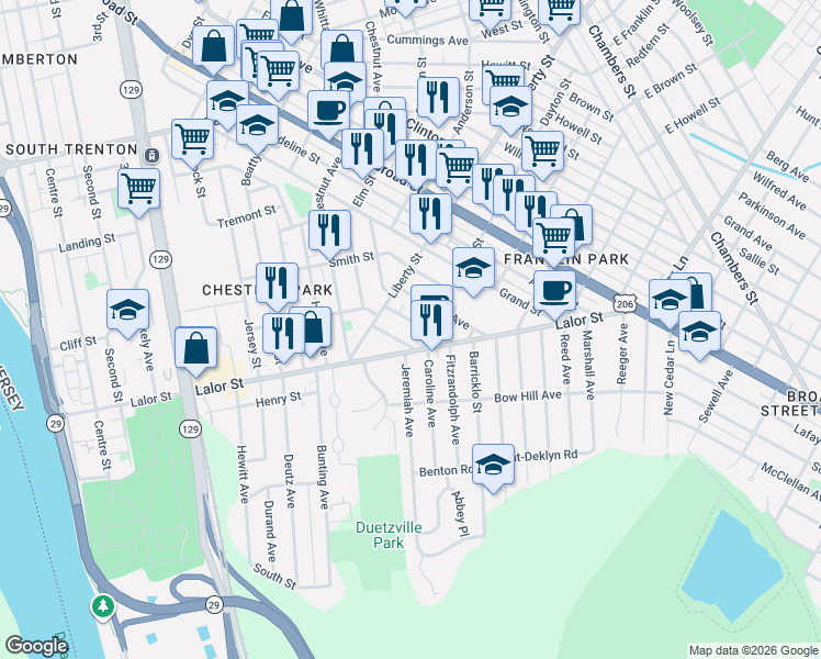 map of restaurants, bars, coffee shops, grocery stores, and more near 3 Dayton Street in Trenton