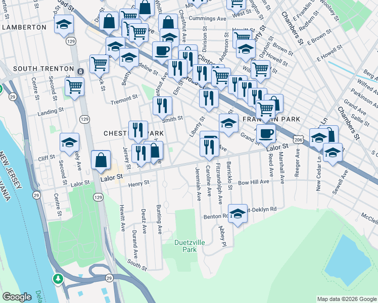 map of restaurants, bars, coffee shops, grocery stores, and more near in Trenton