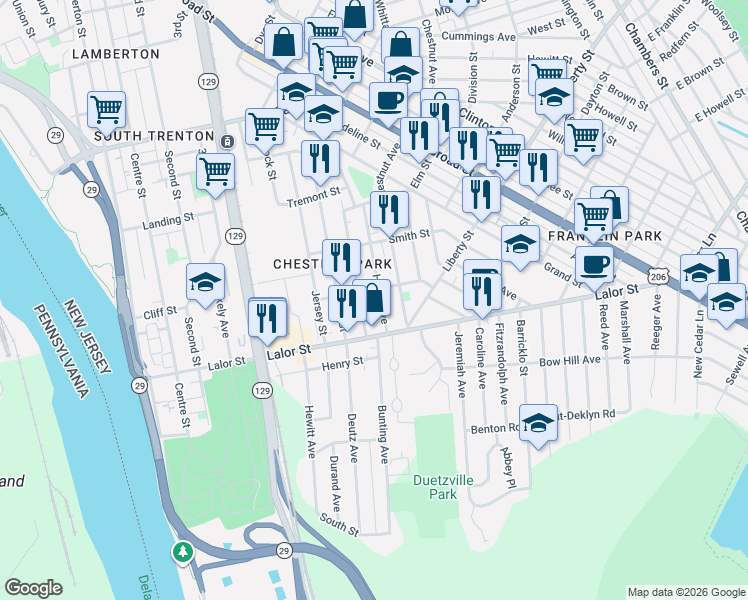 map of restaurants, bars, coffee shops, grocery stores, and more near 529 Home Avenue in Trenton