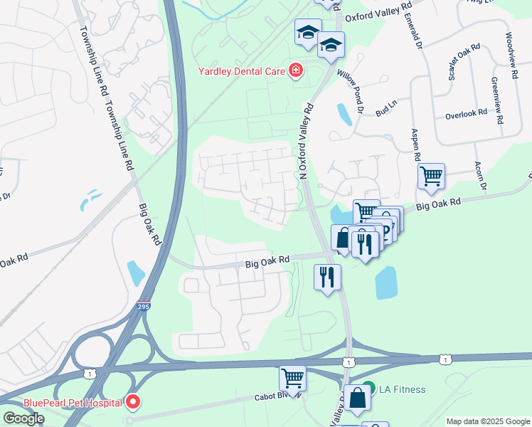 map of restaurants, bars, coffee shops, grocery stores, and more near 177 Haines Way in Yardley