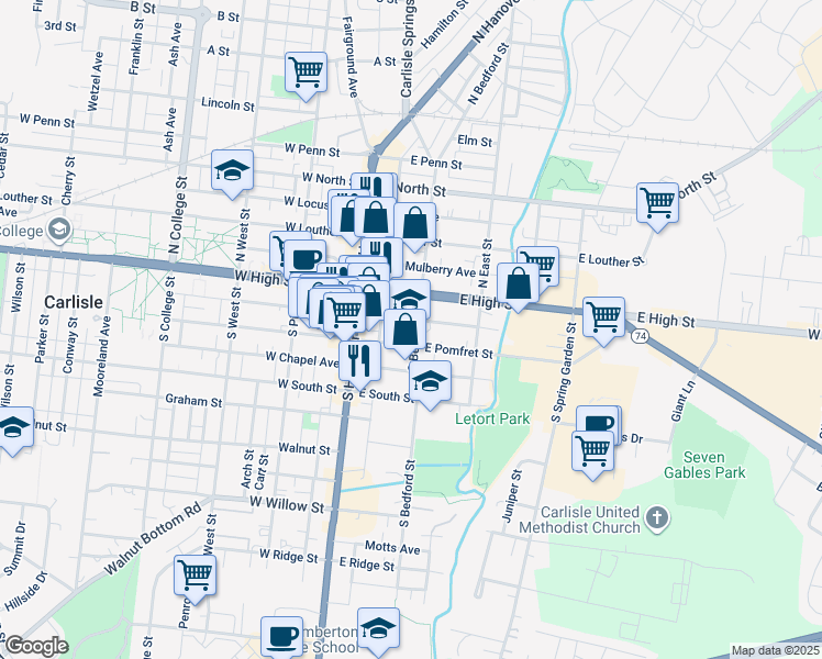 map of restaurants, bars, coffee shops, grocery stores, and more near 52 South Bedford Street in Carlisle