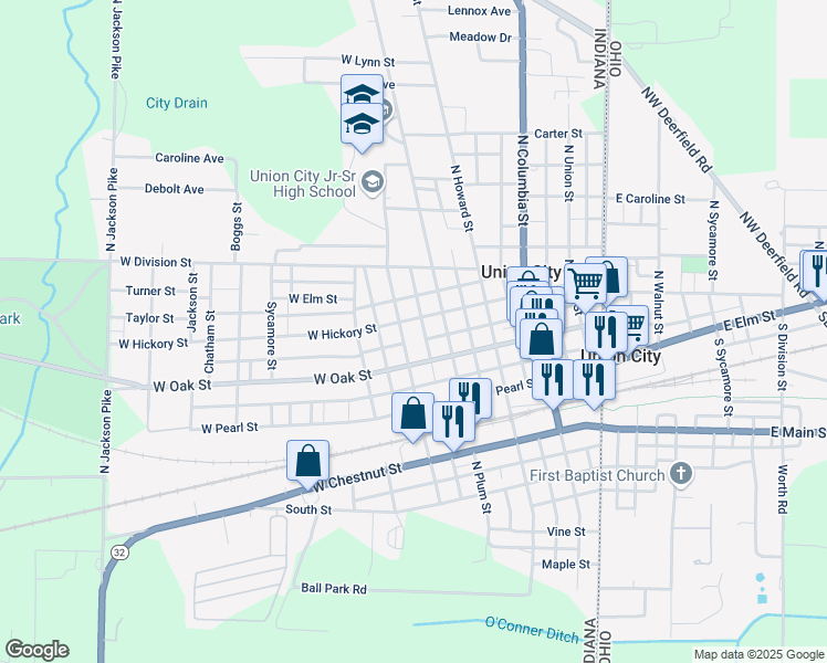 map of restaurants, bars, coffee shops, grocery stores, and more near 310 North Walnut Street in Union City