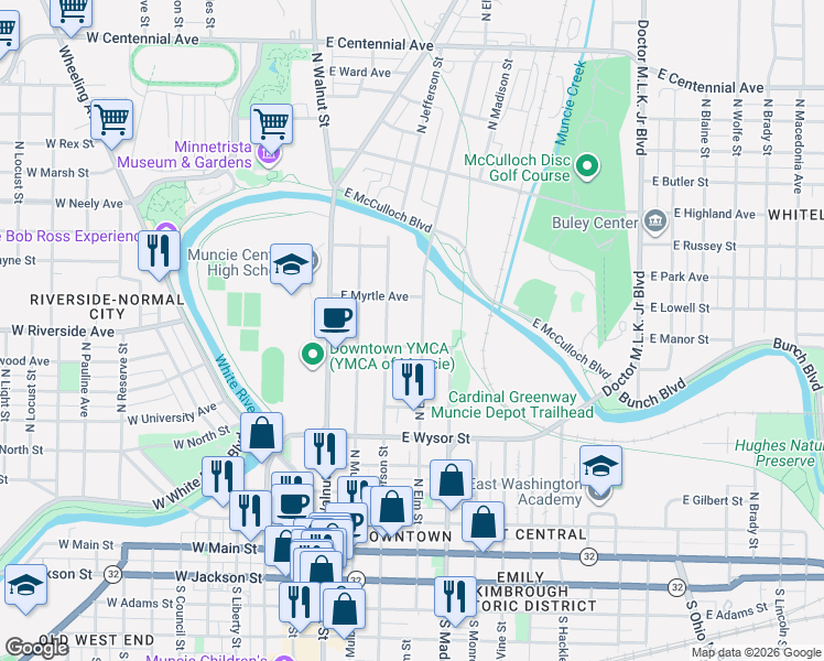 map of restaurants, bars, coffee shops, grocery stores, and more near 705 North Elm Street in Muncie