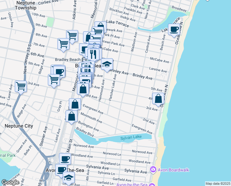 map of restaurants, bars, coffee shops, grocery stores, and more near 411 4th Avenue in Bradley Beach