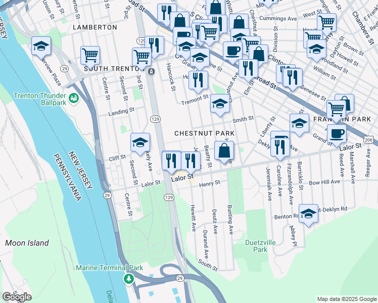 map of restaurants, bars, coffee shops, grocery stores, and more near 325 Jersey Street in Trenton