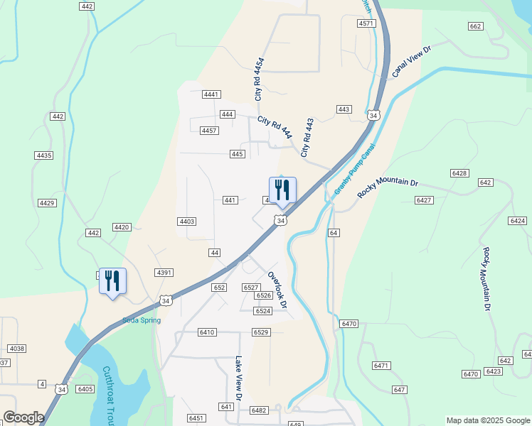 map of restaurants, bars, coffee shops, grocery stores, and more near County Road 4425 in Grand Lake