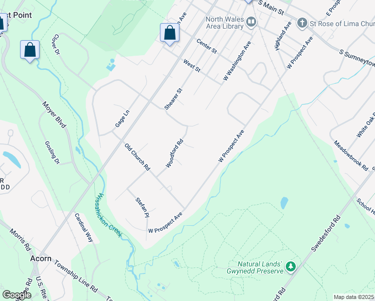 map of restaurants, bars, coffee shops, grocery stores, and more near 204 Spruce Circle in North Wales