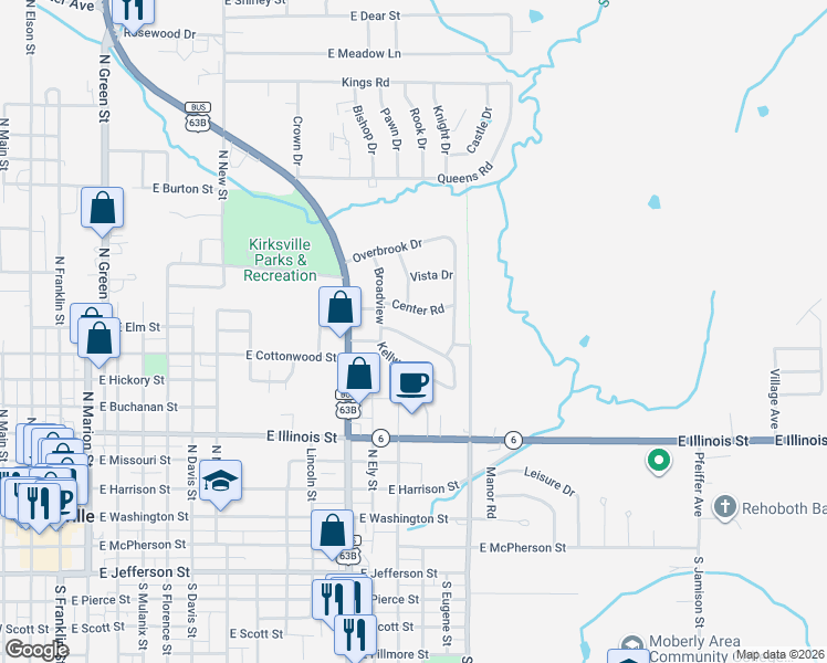 map of restaurants, bars, coffee shops, grocery stores, and more near 43 Kellwood Drive in Kirksville