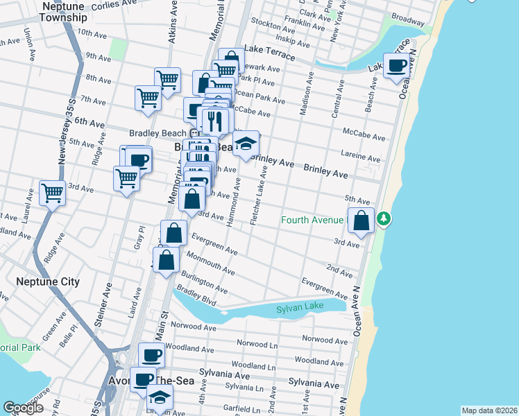 map of restaurants, bars, coffee shops, grocery stores, and more near 411 4th Avenue in Bradley Beach