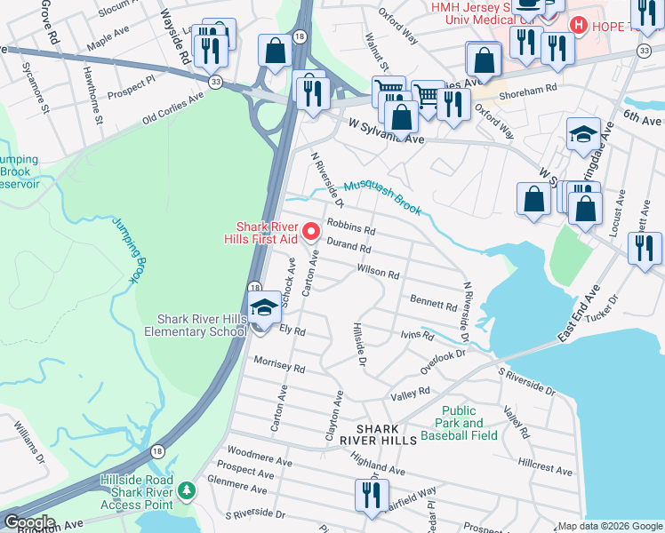 map of restaurants, bars, coffee shops, grocery stores, and more near 1 May Place in Neptune City
