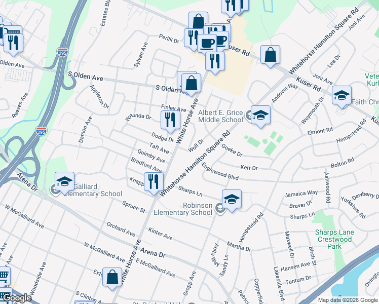 map of restaurants, bars, coffee shops, grocery stores, and more near 7 Wolf Drive in Trenton