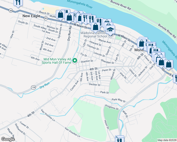 map of restaurants, bars, coffee shops, grocery stores, and more near 113 4th Avenue in Monongahela