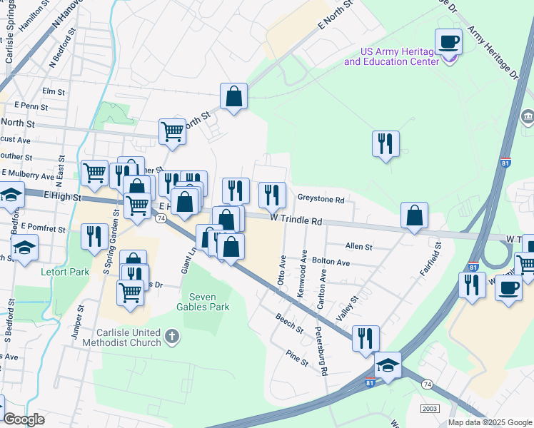 map of restaurants, bars, coffee shops, grocery stores, and more near 2118 East High Street in Carlisle