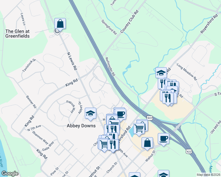 map of restaurants, bars, coffee shops, grocery stores, and more near 1104 Foxmeadow Drive in Royersford