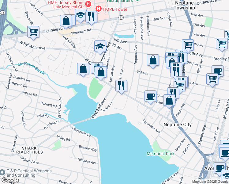 map of restaurants, bars, coffee shops, grocery stores, and more near 177 West Sylvania Avenue in Neptune City