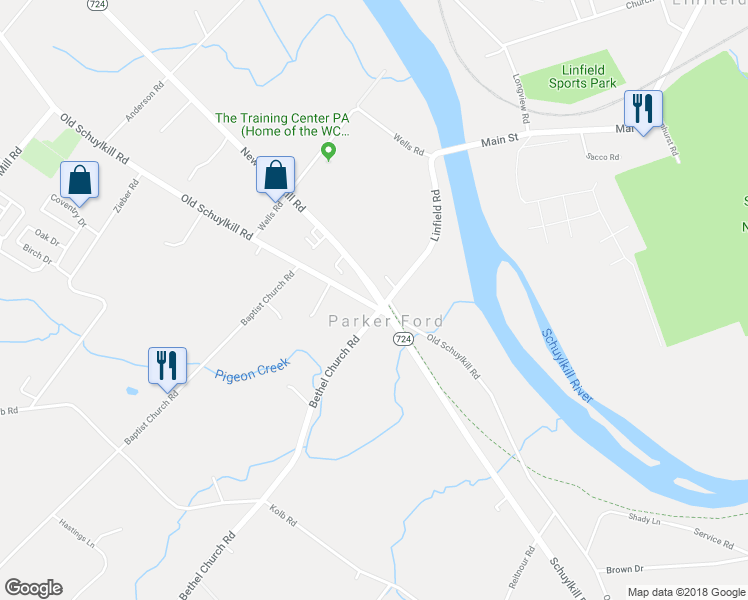 map of restaurants, bars, coffee shops, grocery stores, and more near 1671 Old Schuylkill Road in Spring City