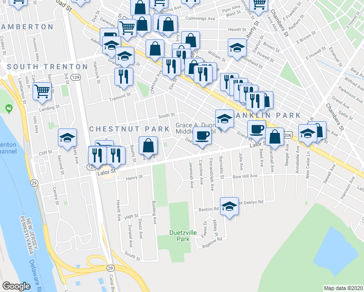 map of restaurants, bars, coffee shops, grocery stores, and more near 16 Dresden Avenue in Trenton