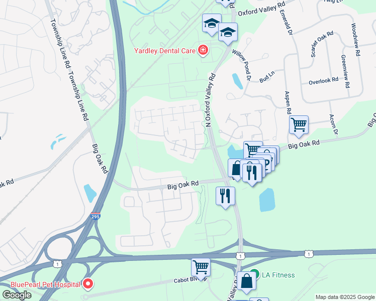 map of restaurants, bars, coffee shops, grocery stores, and more near 178 Haines Way in Yardley