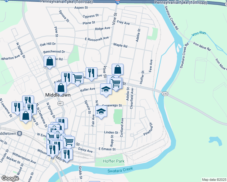 map of restaurants, bars, coffee shops, grocery stores, and more near 440 East Main Street in Middletown