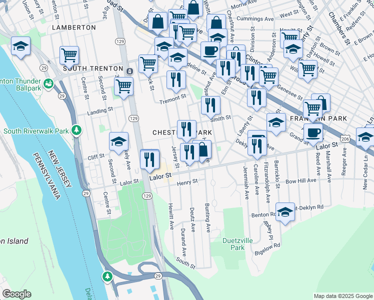 map of restaurants, bars, coffee shops, grocery stores, and more near 915 Beatty Street in Trenton