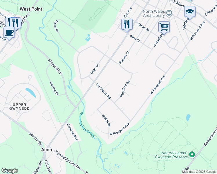 map of restaurants, bars, coffee shops, grocery stores, and more near 657 Norwood Circle in North Wales