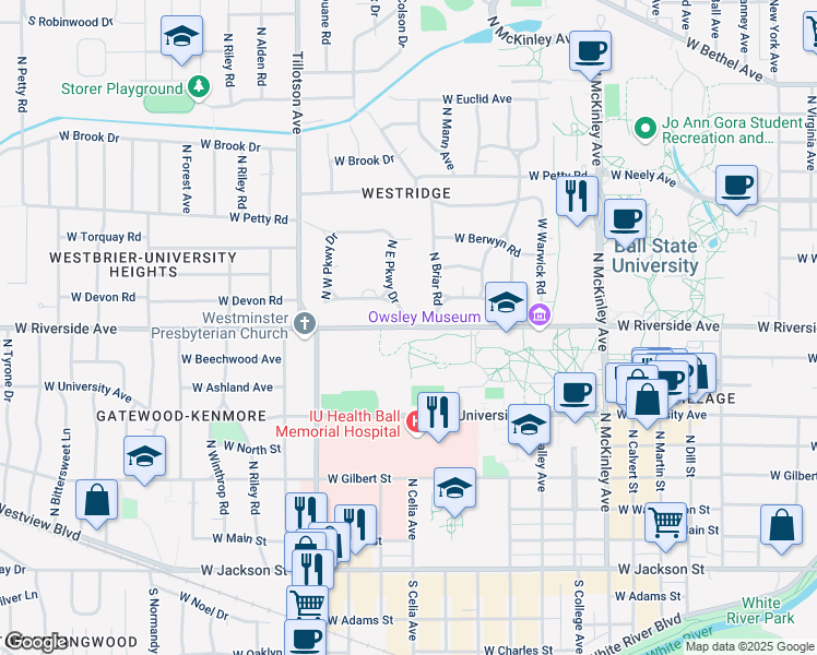 map of restaurants, bars, coffee shops, grocery stores, and more near West Riverside Avenue in Muncie