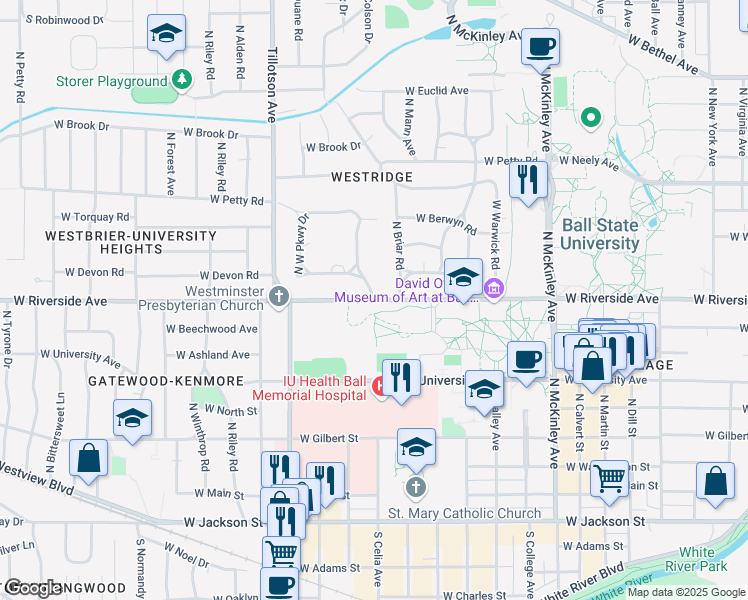 map of restaurants, bars, coffee shops, grocery stores, and more near West Riverside Avenue in Muncie
