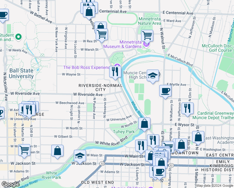 map of restaurants, bars, coffee shops, grocery stores, and more near 511 West Riverside Avenue in Muncie