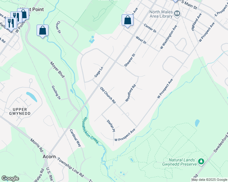 map of restaurants, bars, coffee shops, grocery stores, and more near 657 Norwood Circle in North Wales