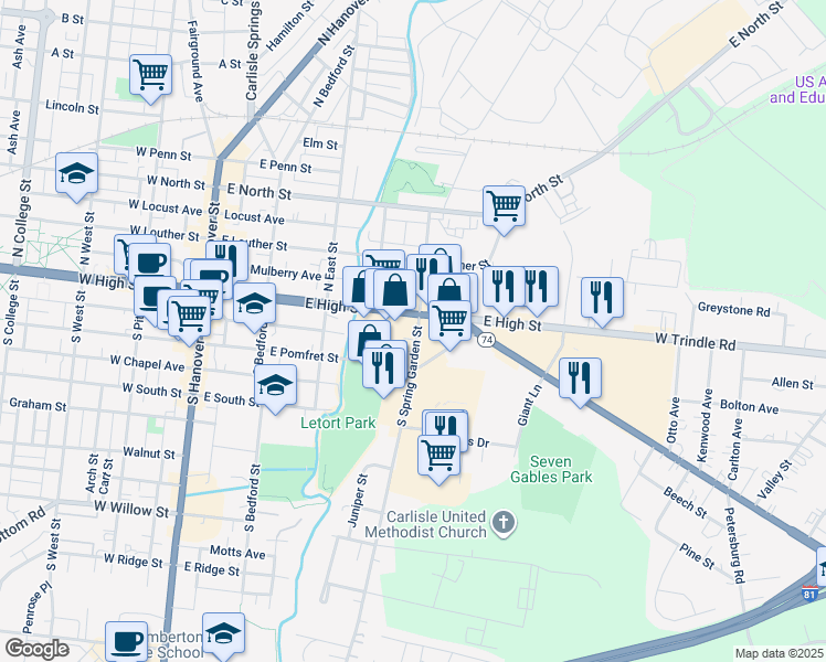 map of restaurants, bars, coffee shops, grocery stores, and more near 32 South Spring Garden Street in Carlisle