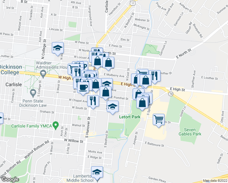 map of restaurants, bars, coffee shops, grocery stores, and more near 124 Liberty Avenue in Carlisle