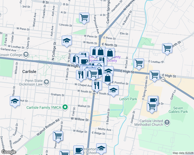 map of restaurants, bars, coffee shops, grocery stores, and more near 29 East Pomfret Street in Carlisle