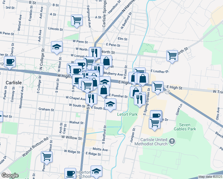 map of restaurants, bars, coffee shops, grocery stores, and more near 122 Liberty Avenue in Carlisle